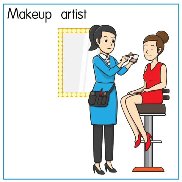 Vector illustration of Vector illustration of makeup artist, beauty advisor isolated on white background. Jobs and occupations concept. Cartoon characters. Education and school kids coloring page, printable, activity, worksheet, flashcard.