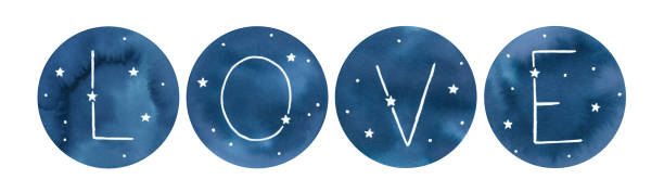 Navy blue round sky circles with night stars and word "Love". Symbol of romance, eternity, great force. Hand painted water color drawing on white background, isolated elements for design decoration. Hand drawn water color illustration. couple tattoo quotes stock illustrations