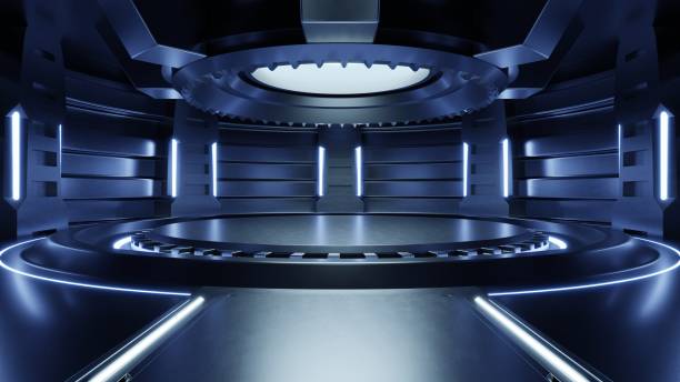 istock Empty light blue studio room futuristic Sci Fi big hall room with lights blue, Future background for design. 1319701915
