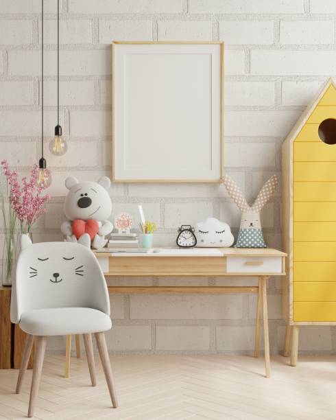 istock Mock up posters in child room interior, posters on empty white wall background. 1319702399