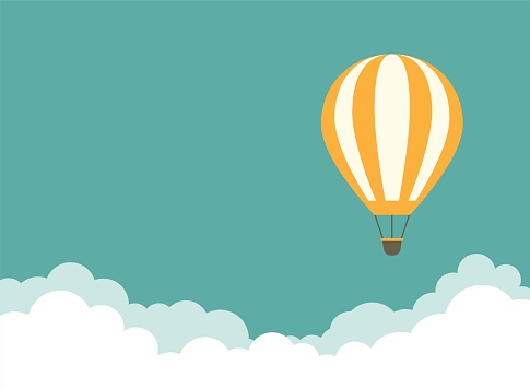 Orange hot air balloon flying in blue sky with clouds. Flat cartoon horizontal background. Vector background.