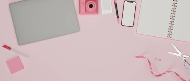 istock Pink working space with smartphone, laptop, stationery, tools and camera on the table, 3D rendering 1319710796