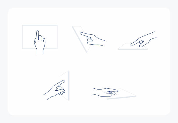 hand gesture line icons: touching screen, pointing finger, tapping hand sign. side view and front view of hands. tap, swipe, scroll, drag motion. editable stroke vector illustration index finger illustrations stock illustrations