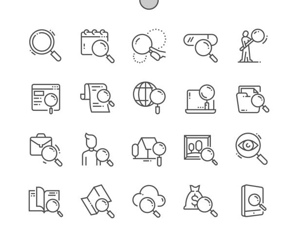 Search. Magnifier, exploration, magnifying, optimization, magnify. Real estate search. People search. Pixel Perfect Vector Thin Line Icons. Simple Minimal Pictogram Search. Magnifier, exploration, magnifying, optimization, magnify. Real estate search. People search. Pixel Perfect Vector Thin Line Icons. Simple Minimal Pictogram magnifying glass book stock illustrations
