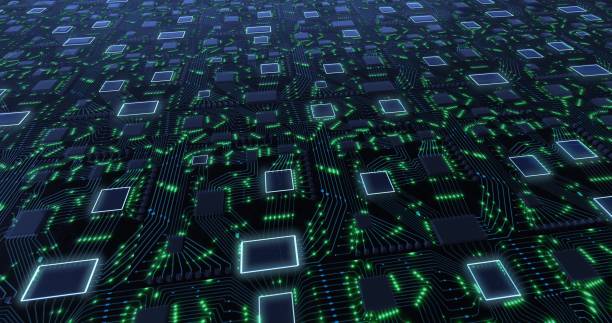 istock Abstract technology concept with moving lights and imitation of a printed circuit board on a green background. Internet technologies for business. 3D rendering 1319716800
