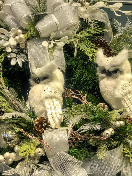 istock White fuzzy owl ornaments on Christmas tree 1319716814