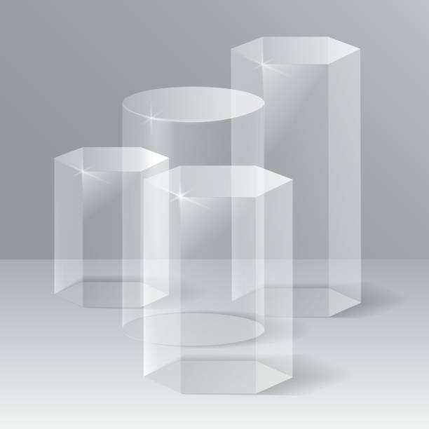 Showroom podiums, crystal pedestals Showroom podiums. Hexagon and rounded stage graphics, exhibition crystal pedestals, empty museum gallery acrylic stand boxes for jewelry, vector illustration glass showroom stock illustrations