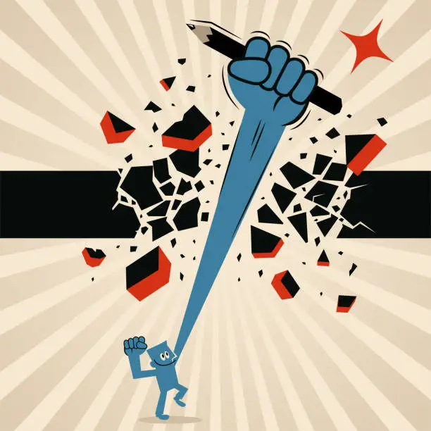 Vector illustration of One man (Author, Journalist, Artist, Editor) breaking through a ceiling wall with his powerful fist and pencil