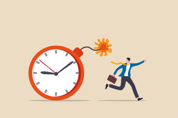 Time management, project deadline countdown or problem or trouble to deliver or launch product concept, fearful businessman running away from detonated time countdown bomb about to explode. Time management, project deadline countdown or problem or trouble to deliver or launch product concept, fearful businessman running away from detonated time countdown bomb about to explode. sabotage icon stock illustrations