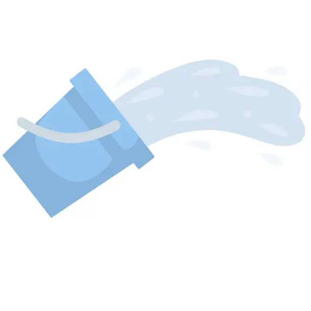 Vector illustration of Blue bucket of water. Splash and splatter. Cleaning the house. Object for washing. Blue puddle on the floor. Liquid pours out. Cartoon flat illustration