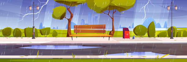 ilustraciones, imágenes clip art, dibujos animados e iconos de stock de tormenta con lluvia y relámpagos en parque de la ciudad - lightning thunderstorm city storm