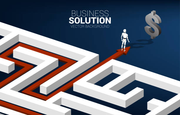 istock Silhouette of robot on Arrow with route path to exit the maze to dollar signage. 1319723751