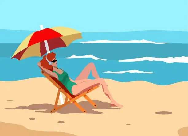 Vector illustration of The girl on the beach sunbathes under an umbrella. Flat style illustration.
