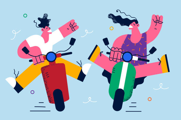 illustrations, cliparts, dessins animés et icônes de concept heureux de divertissement de divertissement de couples - motorcycle motor scooter couple young adult