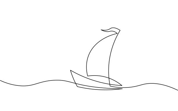 Single continuous line art sea boat icon. Yacht travel tourism concept silhouette symbol design. One sketch outline drawing vector illustration Single continuous line art sea boat icon. Yacht travel tourism concept silhouette symbol design. One sketch outline drawing vector illustration. sailing background stock illustrations