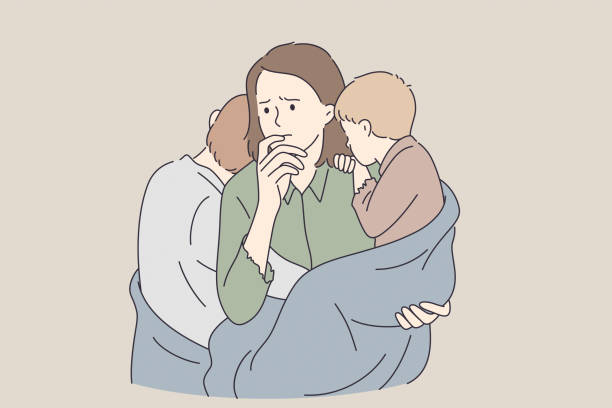 Poverty, single mother, troubles concept Poverty, single mother, troubles concept. Young sad unhappy mother woman cartoon character with two children standing feeling upset having no enough money for food and living family mother poverty sadness stock illustrations