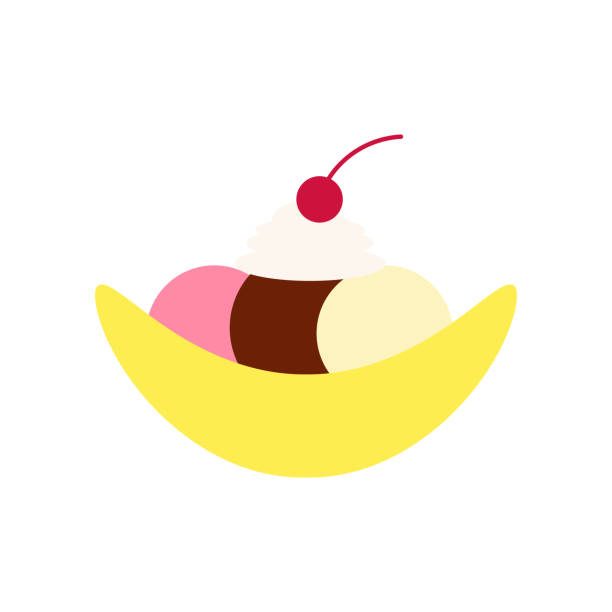 ilustraciones, imágenes clip art, dibujos animados e iconos de stock de ilustración vectorial plana de helado de plátano dividido con crema batida y cereza en colores brillantes. aislado sobre fondo blanco. - banana split