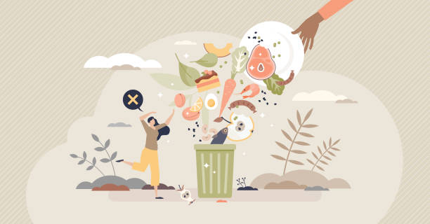 Food waste and meal leftovers garbage reduce awareness tiny person concept Food waste and meal leftovers garbage reduce awareness tiny person concept. Throw away groceries in trash after shelf life end vector illustration. Bad attitude to environment and nature resources. garbage stock illustrations
