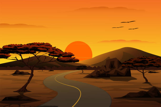 ilustrações, clipart, desenhos animados e ícones de ilustração de desenho animado vetorial da paisagem do campo. a estrada que leva ao vale ao pôr do sol com montanha e céu ao fundo. - tree silhouette meadow horizon over land