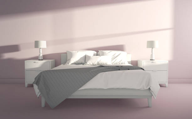 istock Bright clean room with bed and sunlight coming through the window. 3d rendering 1319736005