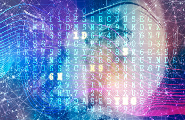 istock Face of woman with digital matrix. Connected lines with dots 1319736321
