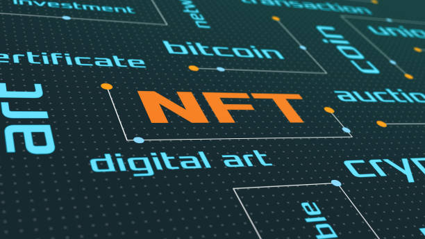 NFT concept futuristic word cloud about NFT, non fungible token, crypto art (3d render) non fungible token stock pictures, royalty-free photos & images