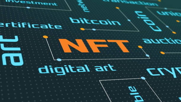 NFT concept futuristic word cloud about NFT, non fungible token, crypto art (3d render) e auction stock pictures, royalty-free photos & images