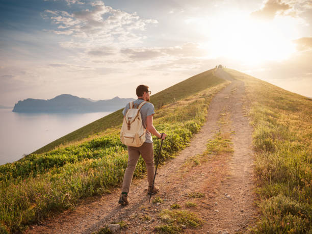 istock Young man travels alone on the backdrop of the mountains 1319738579