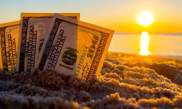 Photo of Three dollar bills are buried in sand on sandy beach near sea at sunset dawn
