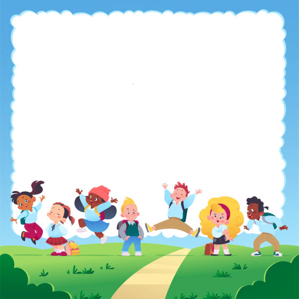 Banner with text place and multiracial happy school kids group with backpacks Banner with text place and multiracial happy school kids group with backpacks smiling, jumping and having fun on green lawn in sunny day. Vector flat cartoon illustration. For advertising, packaging. japanese boy uniform cartoon stock illustrations