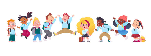 Portrait of happy school kids group standing together on white background. Portrait of happy school kids group standing together on white background. Boys and girls characters with backpacks jumping, laughing and having fun. Vector flat cartoon illustration. For banners, ads japanese boy uniform cartoon stock illustrations