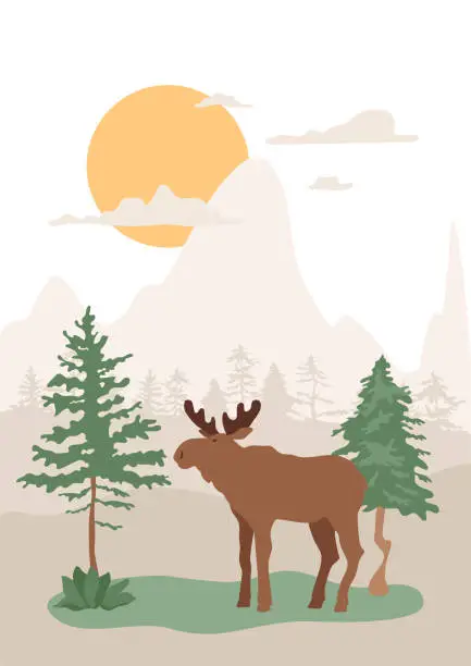 Vector illustration of Moose in forest, pine trees, hills and sun on background. Vector abstract illustration with landscape and cloven-hoofed mammal wild animal.