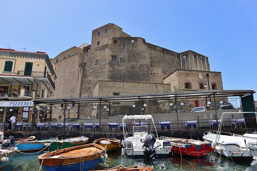 Naples, Campania, Italy - May 14, 2021: Panoramic view of Borgo Marinari from the boat