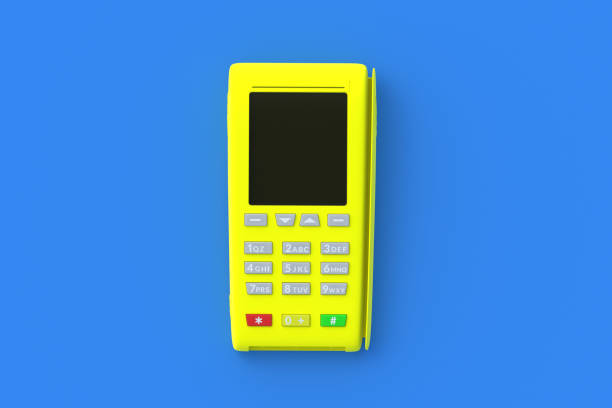 istock Yellow portable cash register on blue background. Top view. 3d render 1319741961