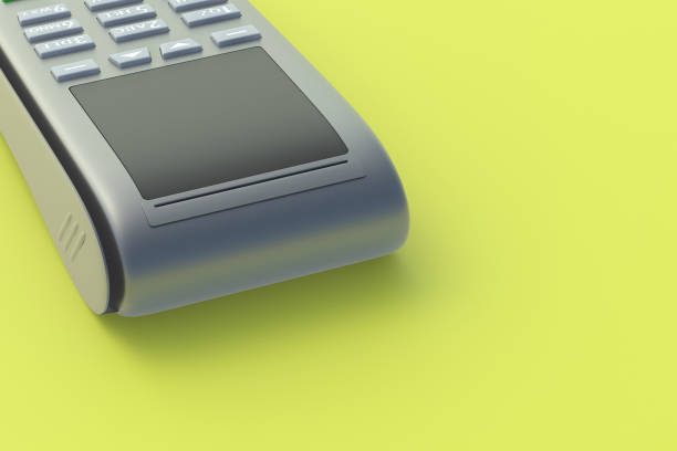 istock Portable cash register on yellow background. Copy space. 3d render 1319741965