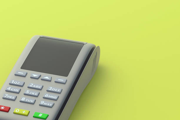 istock Portable cash register on yellow background. Copy space. 3d render 1319741967