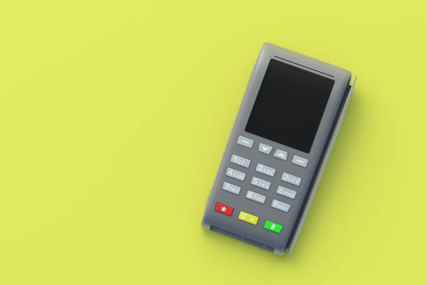 istock Portable cash register on yellow background. Top view. Copy space. 3d render 1319741970