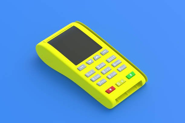istock Yellow portable cash register on blue background. 3d render 1319742178