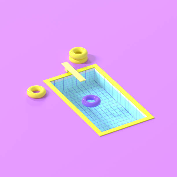 istock 3D render. Yellow swimming pool with colorful rubber circles on purple background. Minimalistic style, aesthetic and surrealism. Summer vacation vibes. 1319742335