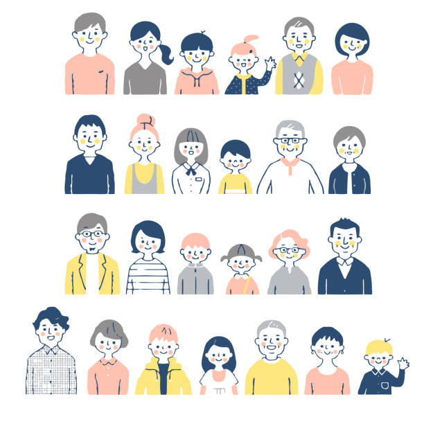 ilustraciones, imágenes clip art, dibujos animados e iconos de stock de 4 pares de 3 generaciones de la familia de conjuntos de la parte superior del cuerpo - multi generation family