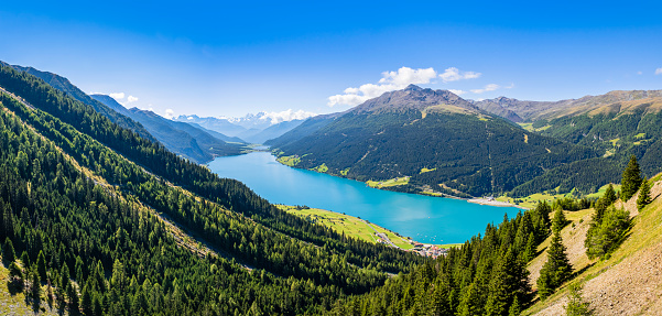 Lake Resia ('Reschensee' in German, 'Lago di Resia' in Italian) seen from above (5 shots stitched)