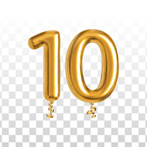 Vector realistic isolated golden balloon number of 10 for invitation decoration on the transparent background. Vector realistic isolated golden balloon number of 10 for invitation decoration on the transparent background. number 10 stock illustrations