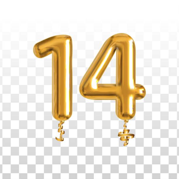 Vector realistic isolated golden balloon number of 14 for invitation decoration on the transparent background. Vector realistic isolated golden balloon number of 14 for invitation decoration on the transparent background. number 14 stock illustrations