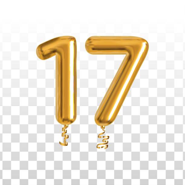 Vector realistic isolated golden balloon number of 17 for invitation decoration on the transparent background. Vector realistic isolated golden balloon number of 17 for invitation decoration on the transparent background. number 17 stock illustrations