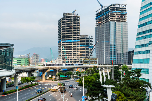 Views of the metropolis and buildings under construction near the MRT station in Nangang Software Park, Taipei, Taiwan.