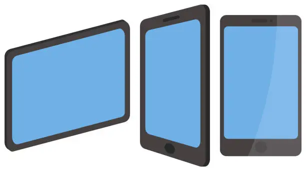 Vector illustration of Tablets and a phone with blue screen and black frame. Electronic technologies vector illustration
