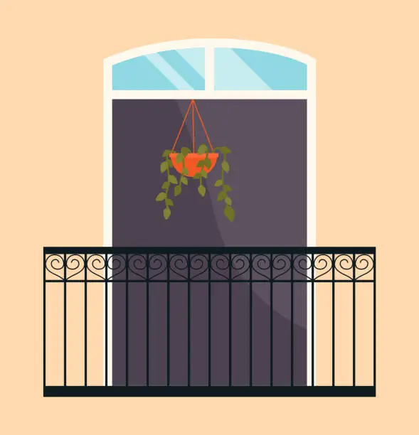 Vector illustration of Balcony with iron fence with patterns. Large window without shutters flat vector illustration