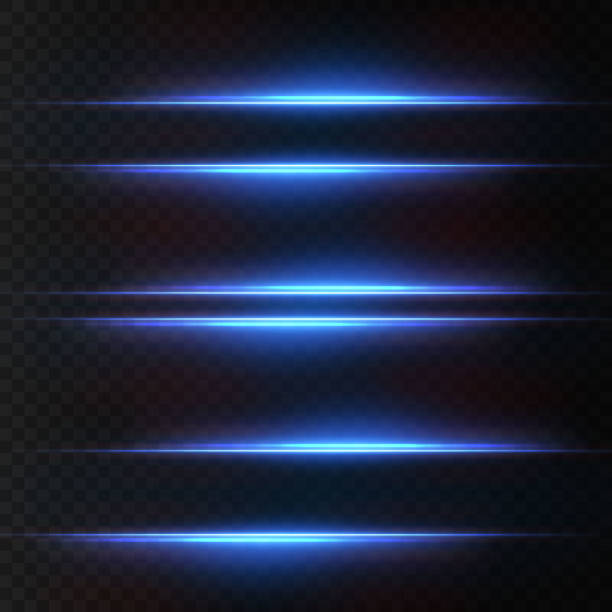 リアルな照明効果。水平光学レンズフレア。青い輝くビーム。黒の背景に分離されたデザインのための透明なベクトル効果のセット - copy space flash点のイラスト素材／クリップアート素材／マンガ素材／アイコン素材