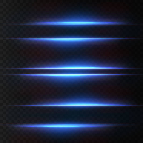 ilustrações de stock, clip art, desenhos animados e ícones de realistic lighting effects. horizontal optical lens flare. blue shining beam. set of transparent vector effects for design isolated on black background - lens flair