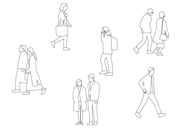 Illustrations of people passing through the city (white background, vector, Line art, cut out) Illustrations of people passing through the city (white background, vector, Line art, cut out) full length illustrations stock illustrations